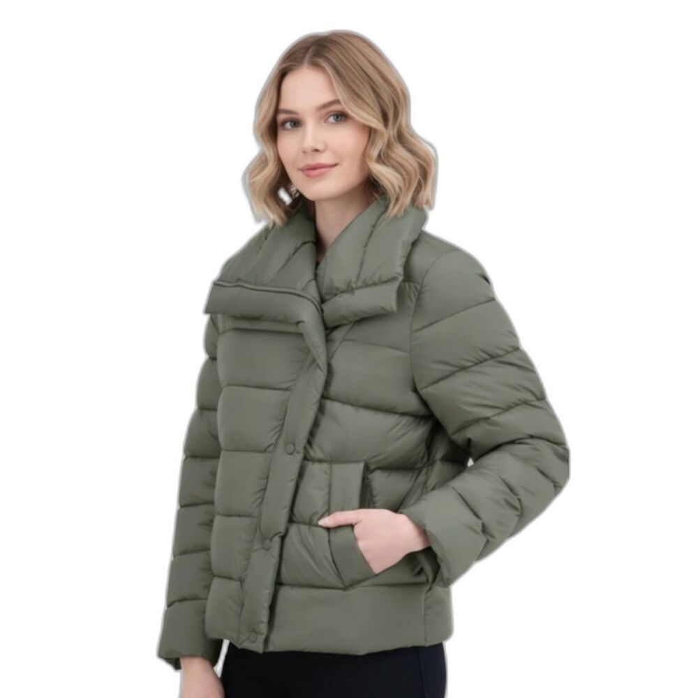 TAHARI Women's L (10) Asymmetrical Quilted Puffer Jacket Packable Green Zip NWT